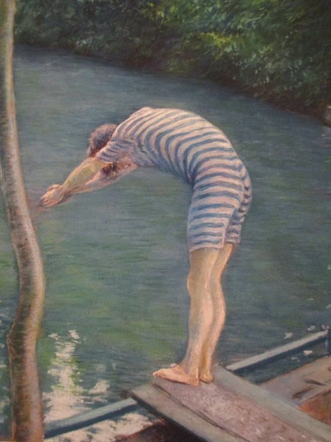Reproduction of Le Plongeur - detail, Gustave Caillebotte - Graphic design. Man in a striped swimsuit.