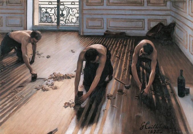Reproduction of Les Raboteurs de parquet by Gustave Caillebotte. Bright walls, wooden floor, classic interior design.