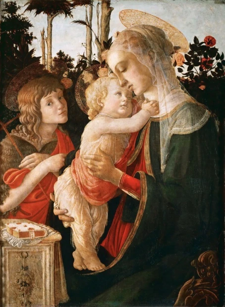 Reproduction of Louvre, Sandro Botticelli - Graphic design. Close-up figures with a floral background.