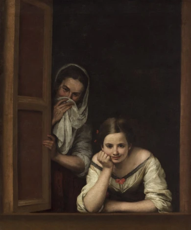 Reproduction of Madchen am Fenster by Bartolome Esteban Murillo - Graphic design featuring two figures in a window, one smiling.