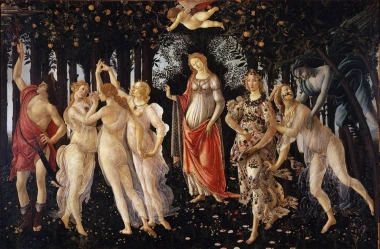 Reproduction of Primavera by Sandro Botticelli - Graphic design featuring figures in motion, surrounded by trees and flowers.