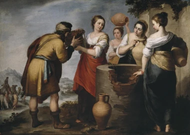 Reproduction of The Baptism of Christ by Bartolome Esteban Murillo - Graphic design featuring figures in traditional attire.