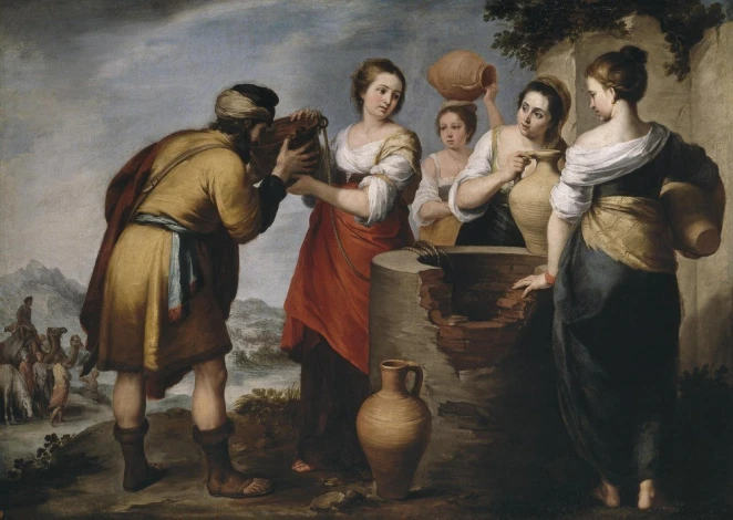 Reproduction of The Baptism of Christ by Bartolome Esteban Murillo - Graphic design featuring figures in traditional attire.