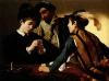 Reproduction of The Cardsharps by Michelangelo Caravaggio. Three figures at a table, one with cards, two others.