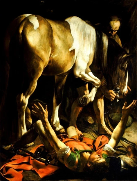 Reproduction of The Conversion on the Way to Damascus by Caravaggio - Graphic design. The image shows a reclining figure.
