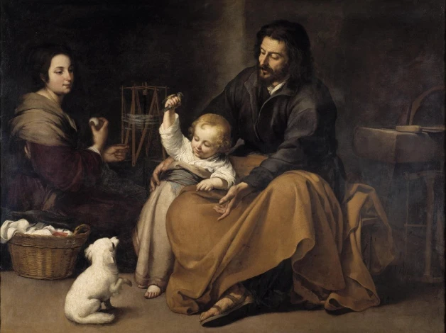 Reproduction of The Holy Family with a Bird by Bartolome Esteban Murillo, styled in a warm beige living room.