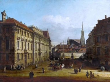 Reproduction of The Lobkowitzplatz in Vienna by Canaletto, featuring the square with buildings.