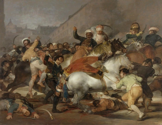 Reproduction of The Second of May 1808 by Francisco Goya - Graphic design. Scene of battle with horses.