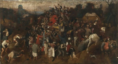 Reproduction of The Wine of Saint Martin\'s Day by Pieter Bruegel - Graphic design featuring a crowd, horses, and various figures.
