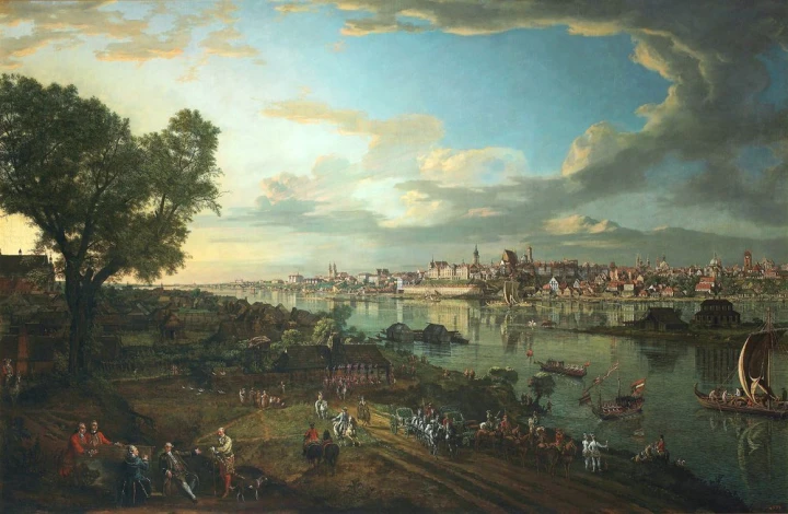 Reproduction of Warsaw view from Praga, 1770, by Canaletto, featuring the river in a graphic design.
