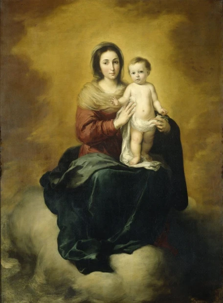 Virgin and Child reproduction by Bartolome Esteban Murillo. Mother and child on clouds, warm colors.