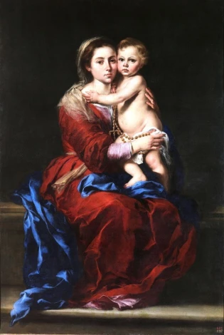 Reproduction of Virgin and Child with a Rosary by Bartolome Esteban Murillo - Graphic design featuring Mother Mary and Child.
