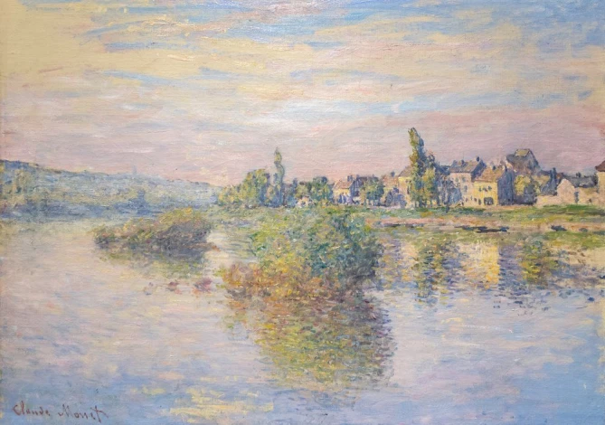 Pastel reproduction of Claude Monet\'s Banks of the Seine, perfect for a modern living room.