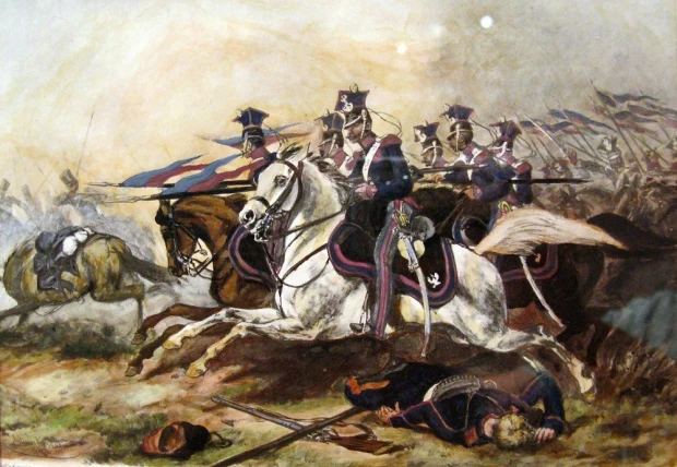 Reproduction of the Charge of the Poznań Riders near Rajgród by Juliusz Kossak. Scene depicts riders in formal attire.