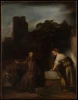 Reproduction of Christ and the Woman of Samaria by Rembrandt, perfect for an elegant living room, adds depth.