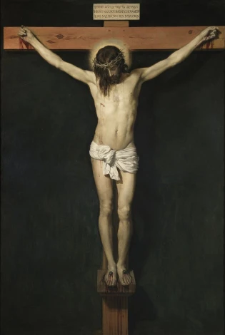 Reproduction of Christ Crucified by Diego Velazquez - Graphic design featuring a crucified man on a dark background.