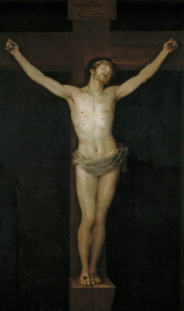 Christ on the Cross reproduction by Francisco Goya - Graphic design featuring a crucified man on a dark background.