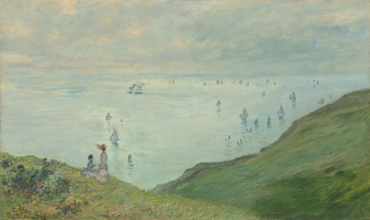 Monet\'s Cliffs at Pourville reproduction, perfect for a stylish living room, brings tranquility and subtle charm.