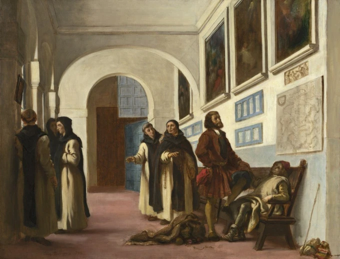 Reproduction of Columbus and His Son at La Rabida by Eugene Delacroix. Museum arrangement with light-colored walls and artwork.