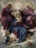 Reproduction of Coronation of the Virgin by Diego Velazquez - Graphic design featuring figures in robes, doves, clouds, and angels.