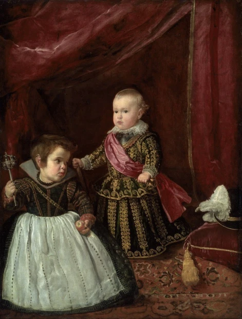 Reproduction of Don Baltasar Carlos with a Dwarf by Diego Velazquez - Graphic design featuring two children in period costumes.