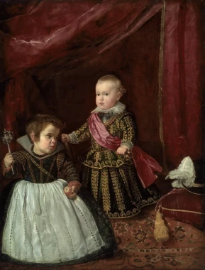 Reproduction of Don Baltasar Carlos with a Dwarf by Diego Velazquez - Graphic design featuring two children in period costumes.