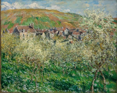 Reproduction of Flowering Plum Trees by Claude Monet. The artwork depicts blooming trees among greenery and houses.