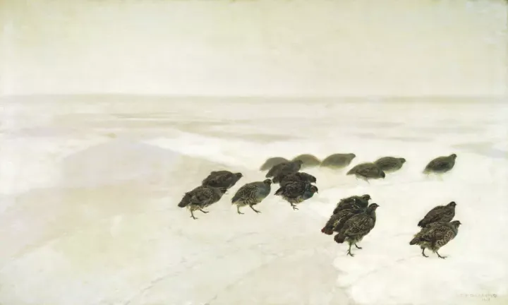 Reproduction of the painting "Partridges in Snow" by Józef Chełmoński. A flock of partridges in various poses on snow.