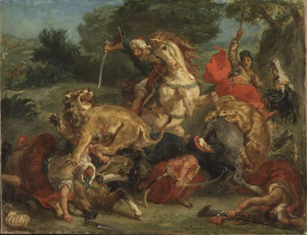 Delacroix\'s "La Chasse aux lions" reproduction, dramatic and perfect for a modern living room.