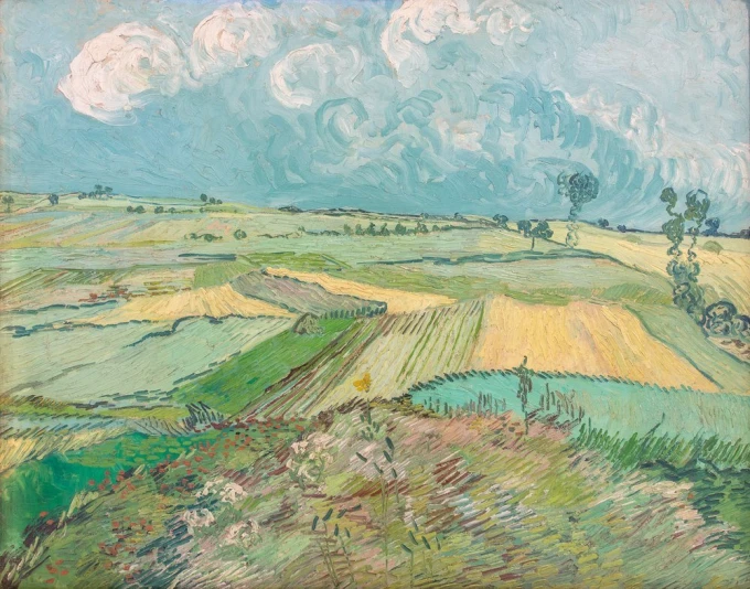 Vincent Van Gogh reproduction featuring graphic patterns with spatial fields in various shades of green.
