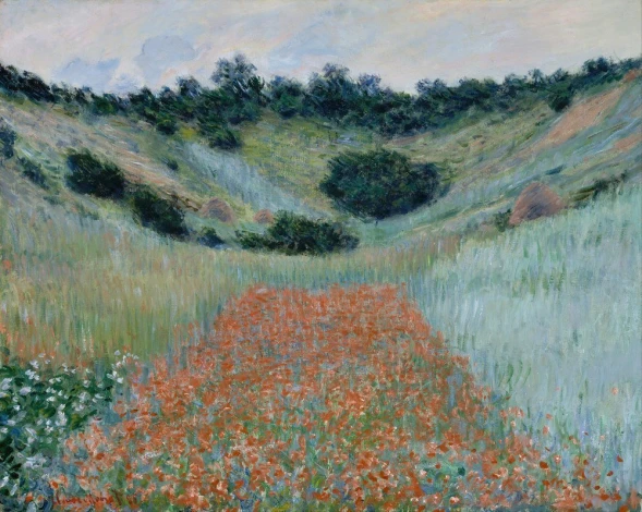 Reproduction of Poppy Field in a Hollow near Giverny by Claude Monet. Artwork features a poppy field in a valley.