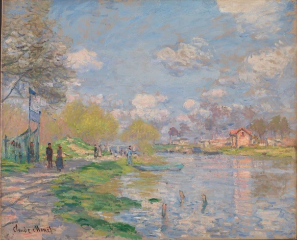 Spring by the Seine, Claude Monet - Graphic print. The artwork features a river with trees, sky, and figures.