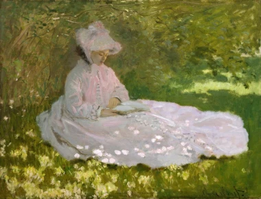 Springtime reproduction by Claude Monet. A woman in a light dress sits on the grass reading a book in the background.