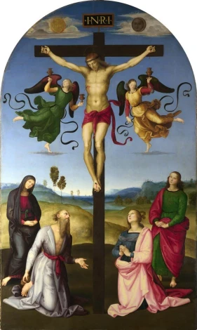 Reproduction of The Crucified Christ with the Virgin Mary, Saints, and Angels in an elegant interior, perfect for decor.
