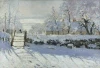 Reproduction of The Magpie by Claude Monet - A graphic design featuring a winter landscape with trees and a fence.