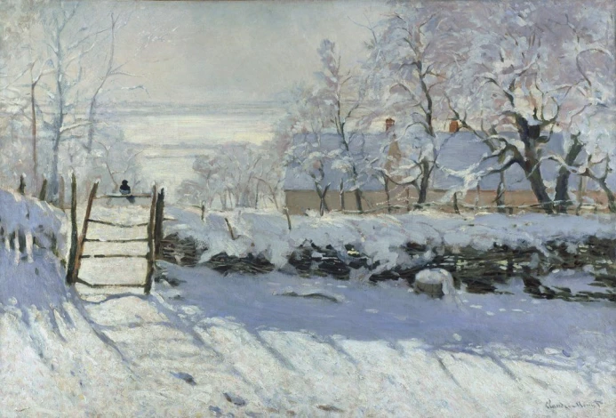 Reproduction of The Magpie by Claude Monet - A graphic design featuring a winter landscape with trees and a fence.
