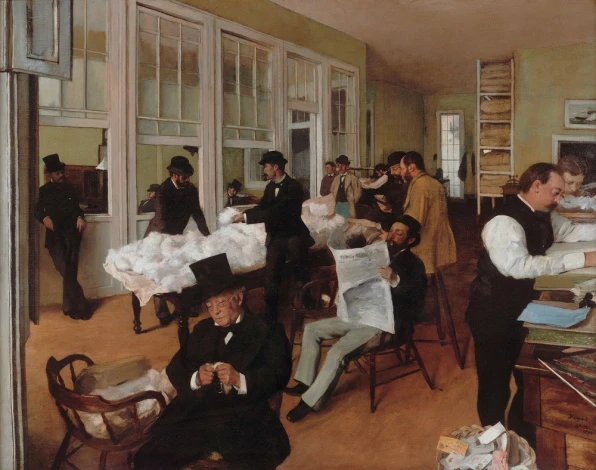 Reproduction of A Cotton Office in New Orleans by Edgar Degas. Bright walls, large windows, 19th-century style furniture.