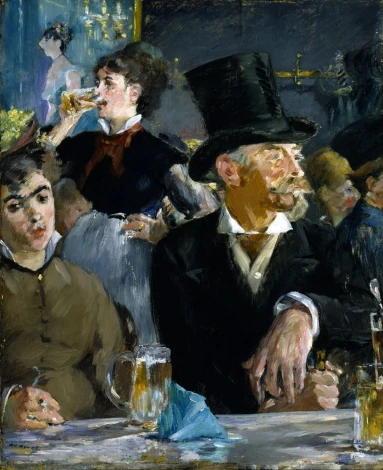 Reproduction of At the Cafe by Edouard Manet - Dark walls, wooden furniture, and lighting create a cozy café atmosphere.
