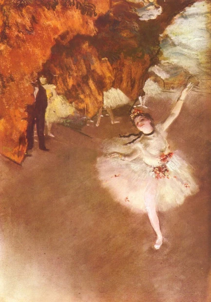 Ballet reproduction - Letoile by Edgar Degas. A ballerina in a white dress dances against a dark background.