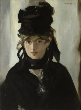 Reproduction of Berthe Morisot\'s "Au Bouquet de Violettes" by Edouard Manet. Portrait of a young woman in black.