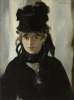 Reproduction of Berthe Morisot\'s "Au Bouquet de Violettes" by Edouard Manet. Portrait of a young woman in black.