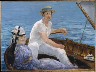 Reproduction of Boating by Edouard Manet. A man in a white shirt and hat sits in a boat next to a woman.