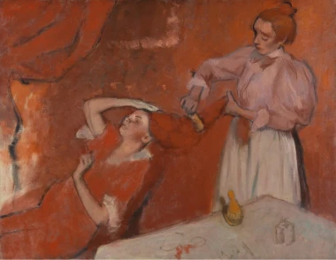 Reproduction of Combing the Hair by Edgar Degas - Graphic design featuring two figures against a red background, one combing hair.
