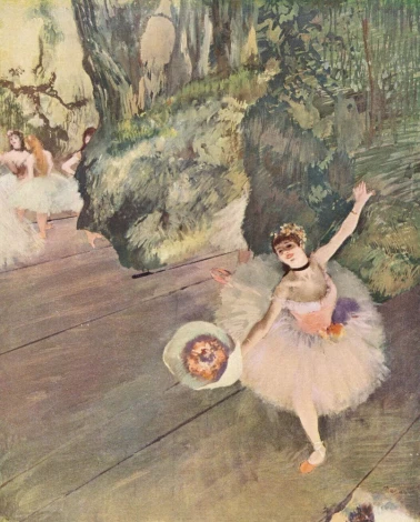 Reproduction of Dancer Taking a Bow by Edgar Degas - Graphic design featuring a ballet dancer in a tutu with a fan.