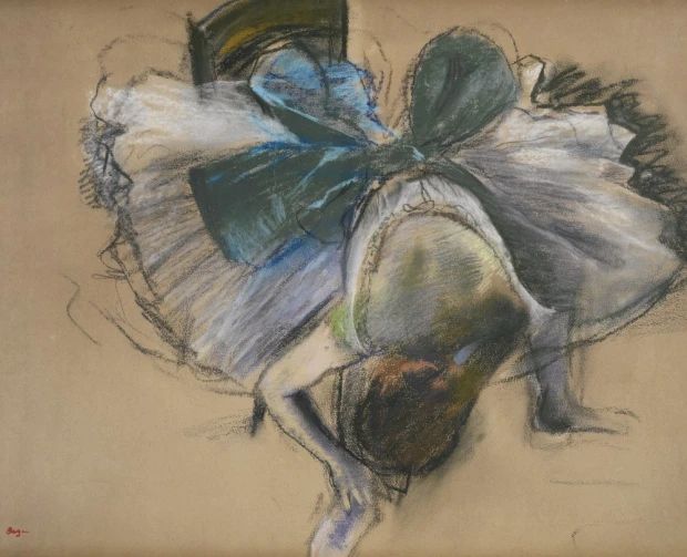 Reproduction of Danseuse adjusting her slipper by Edgar Degas - Graphic design featuring a dancer in a white skirt and green.