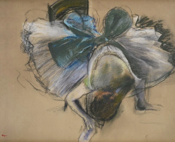 Reproduction of Danseuse adjusting her slipper by Edgar Degas - Graphic design featuring a dancer in a white skirt and green.