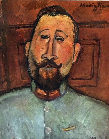 Reproduction of Doctor Devaraigne by Amedeo Modigliani - Graphic pattern featuring a man with prominent facial features in blue.
