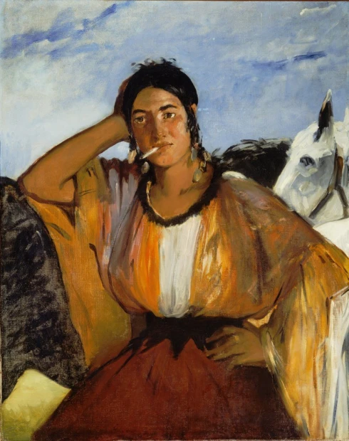 Reproduction of Gypsy with a Cigarette by Edouard Manet. Woman in colorful clothing with a cigarette in the background.