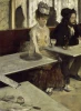 Reproduction of In a Cafe or L’Absinthe by Edgar Degas. Dark furniture, light curtains, muted colors.