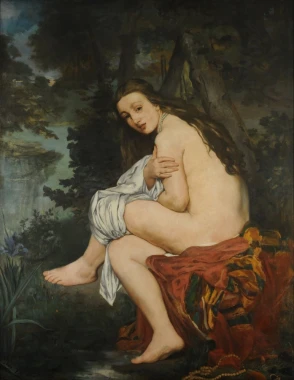 Reproduction of La Nymphe surprise by Edouard Manet. Female figure seated against a natural backdrop with long hair.